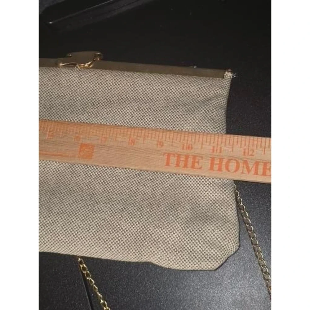 VTG Style Beige Woven Clutch Bag Gold Chain‎ Crossbody Kiss Lock Evening Purse